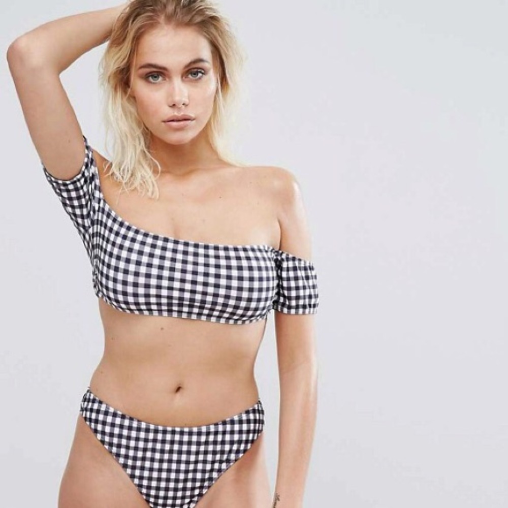 Bardot style high waisted gingham bikini